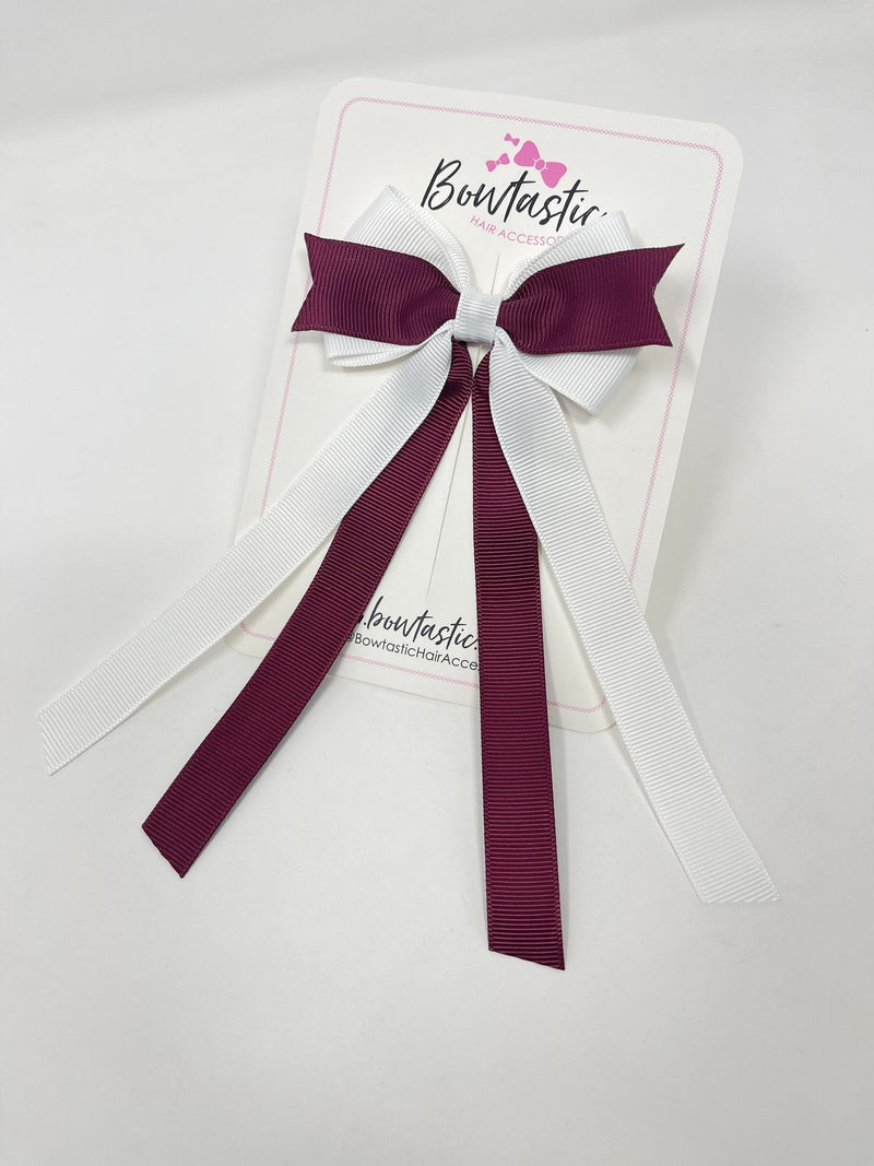 3.5 Inch Flat Ribbon Tail Bow - Burgundy & White