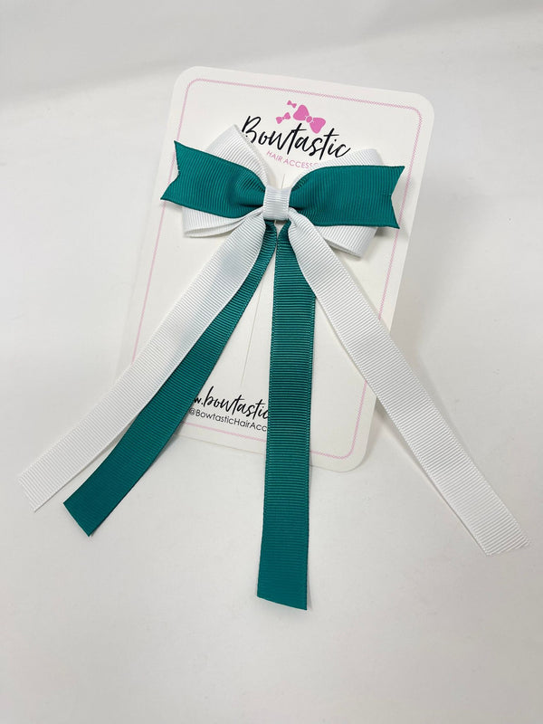 3.5 Inch Flat Ribbon Tail Bow - Jade Green & White