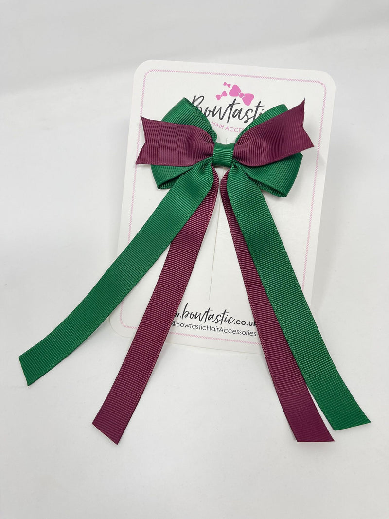 3.5 Inch Flat Ribbon Tail Bow - Forest Green & Burgundy