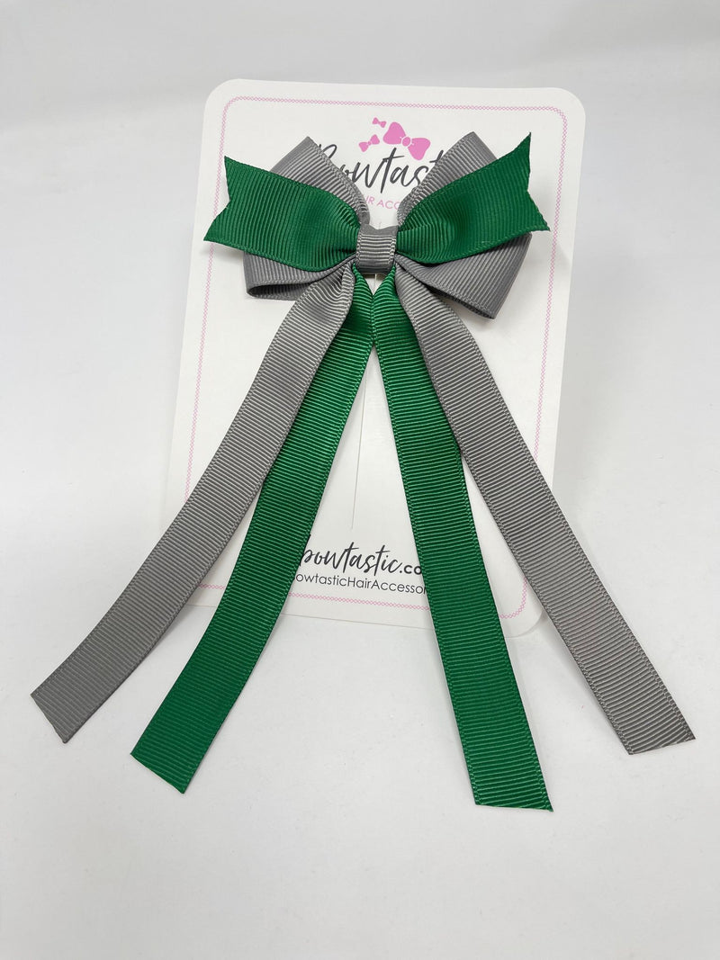 3.5 Inch Flat Ribbon Tail Bow - Forest Green & Metal Grey