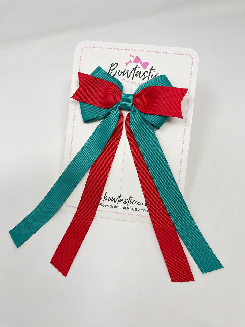 3.5 Inch Flat Ribbon Tail Bow - Red & Jade Green