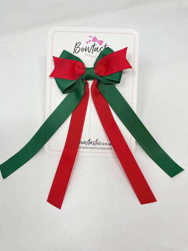 3.5 Inch Flat Ribbon Tail Bow - Forest Green & Red