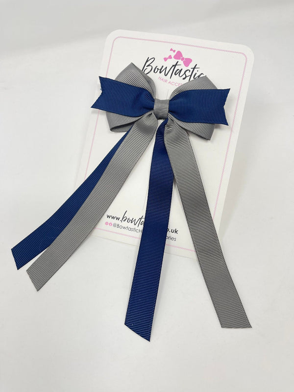 3.5 Inch Flat Ribbon Tail Bow - Navy & Metal Grey