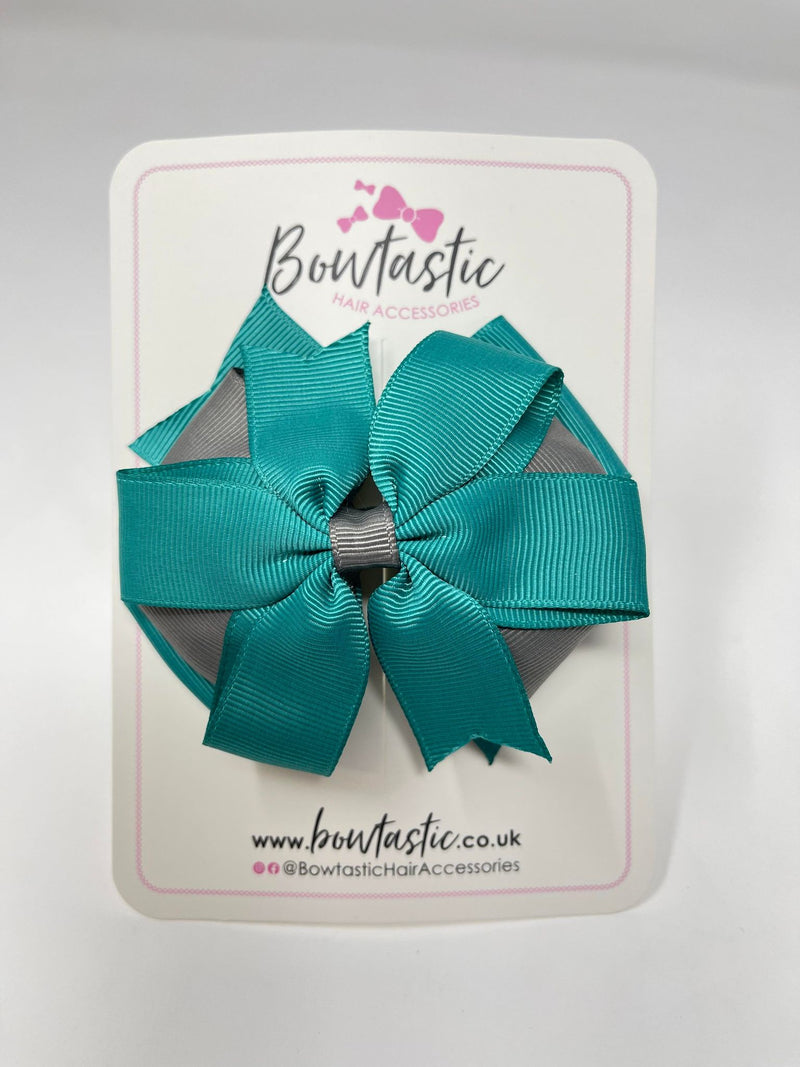 4 Inch 3 Layer Bow - Jade Green & Metal Grey