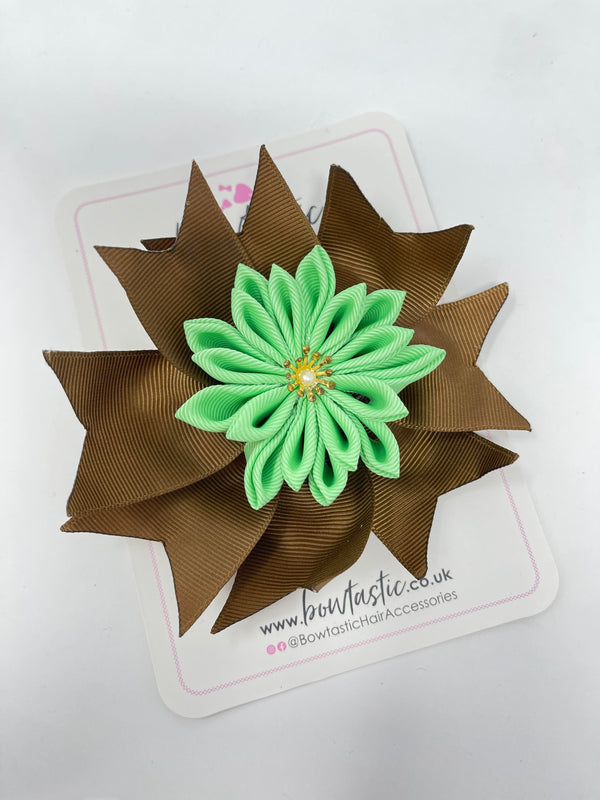 4.5 Inch Flower Bow - Brown & Mint Green