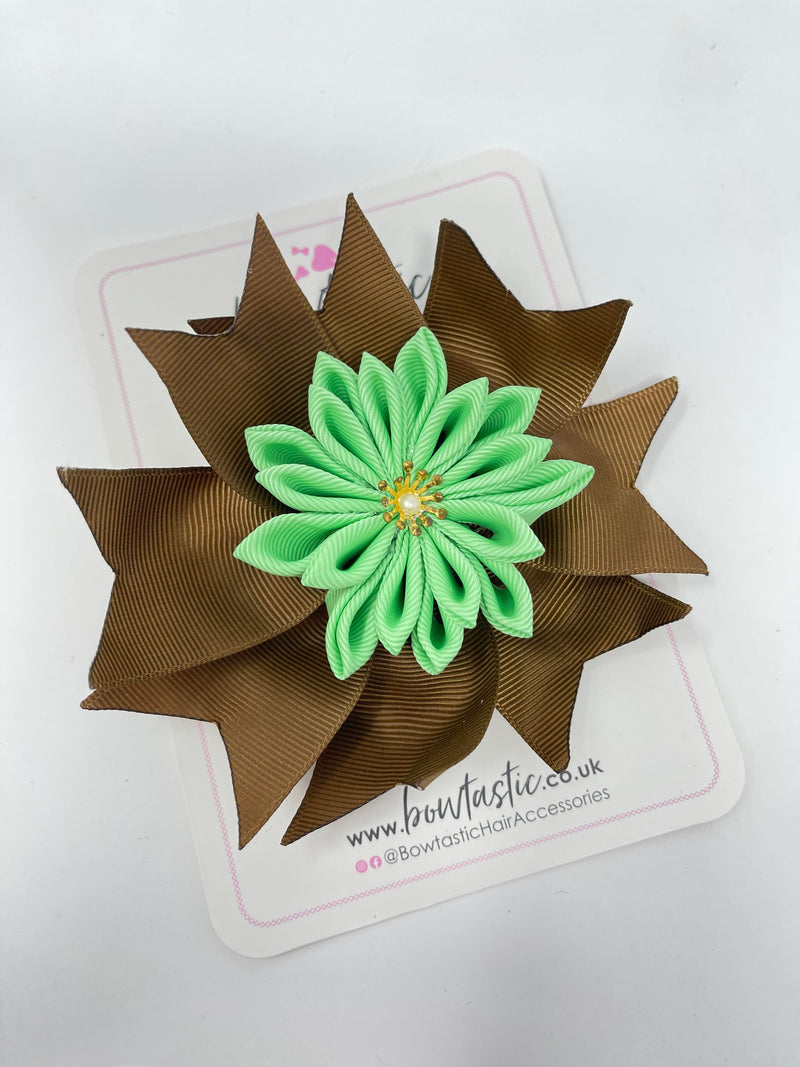 4.5 Inch Flower Bow - Brown & Mint Green