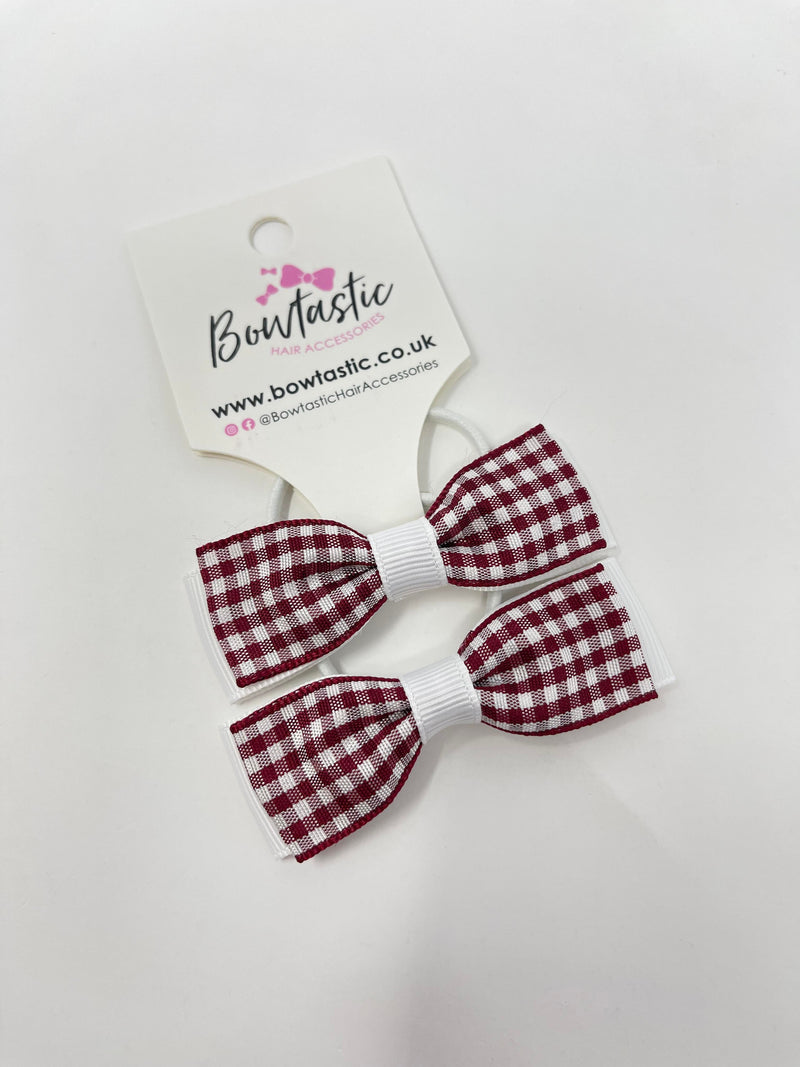 2.75 Inch Flat Bows Thin Elastic - Burgundy & White Gingham - 2 Pack