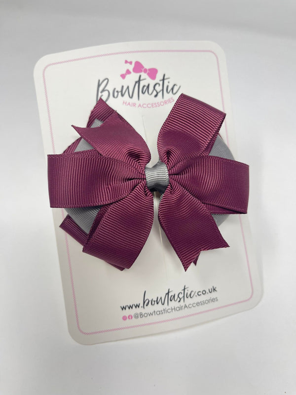 4 Inch 3 Layer Bow - Burgundy & Metal Grey