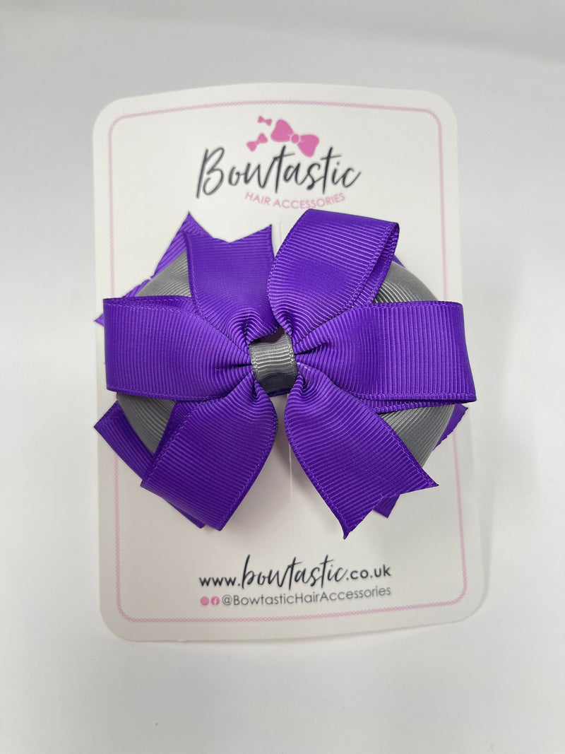 4 Inch 3 Layer Bow - Purple & Metal Grey