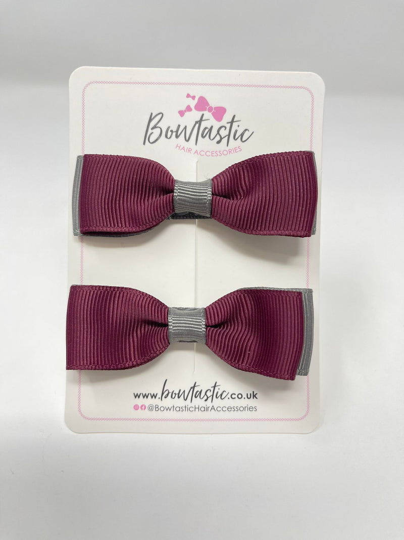 2.75 Inch Flat Bows - Burgundy & Metal Grey - 2 Pack