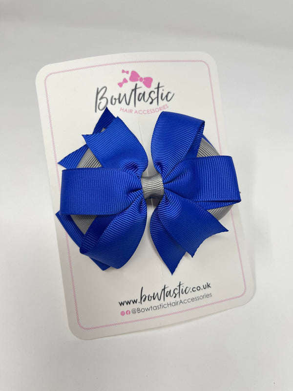 4 Inch 3 Layer Bow - Cobalt & Metal Grey