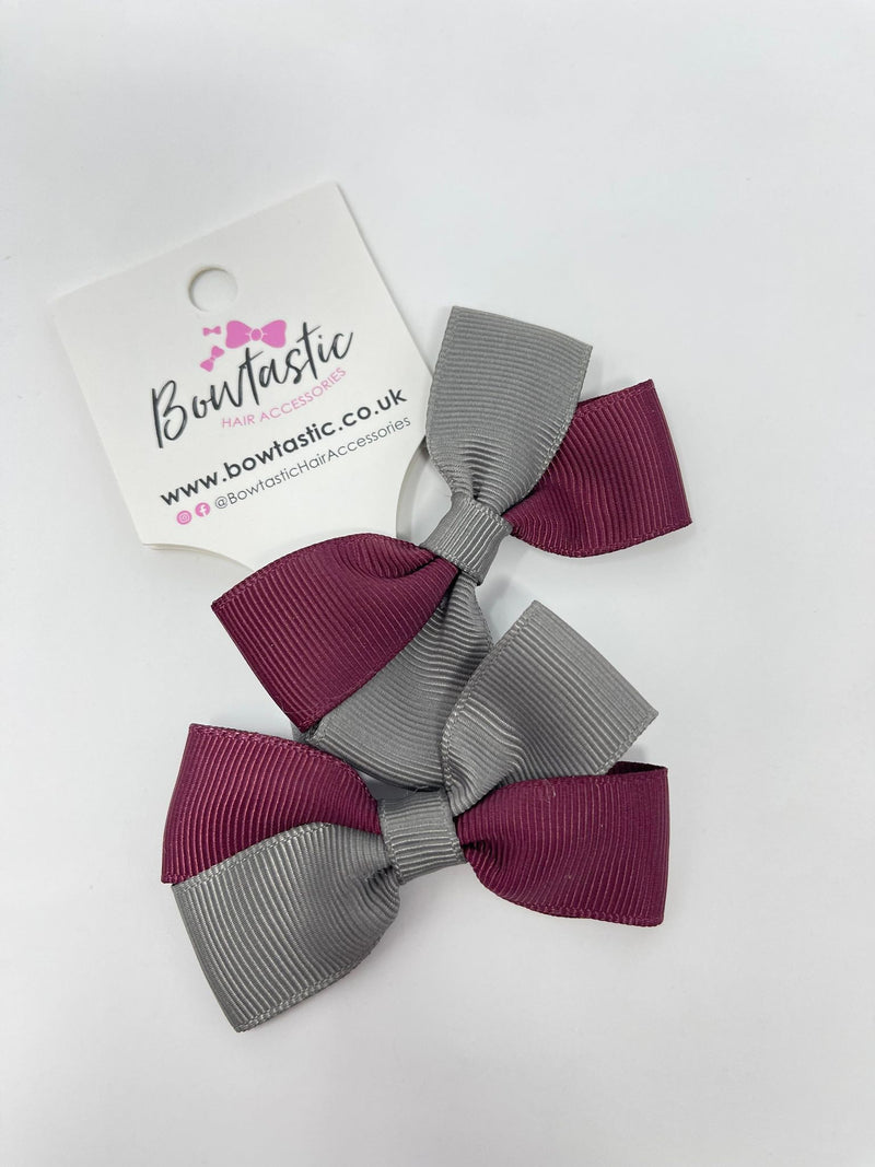 2.75 Inch Twist Bow Thin Elastic - Burgundy & Metal Grey - 2 Pack