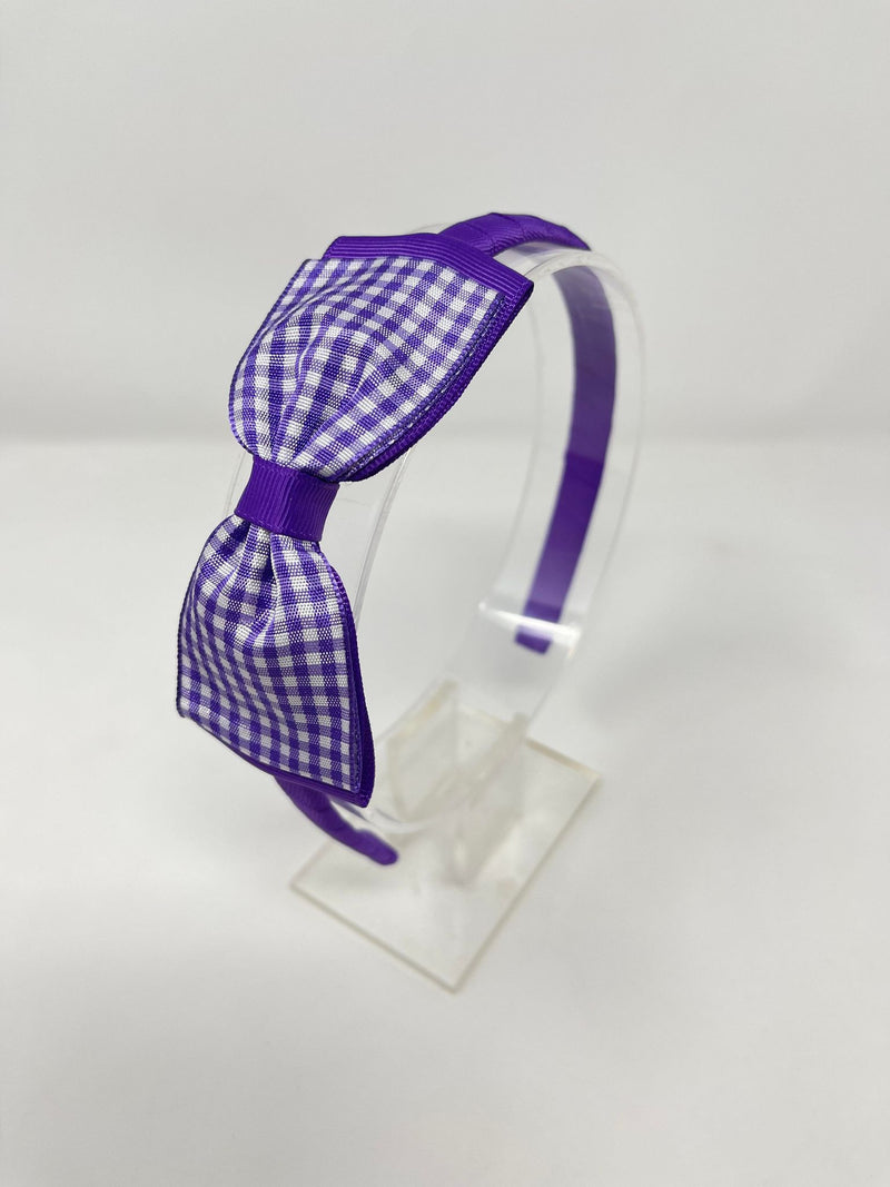 4.5 Inch Flat Bow Alice Band - Purple & Purple Gingham