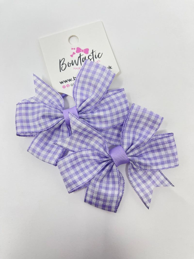 3 Inch Pinwheel Bow Thin Elastic - Lilac Gingham - 2 Pack