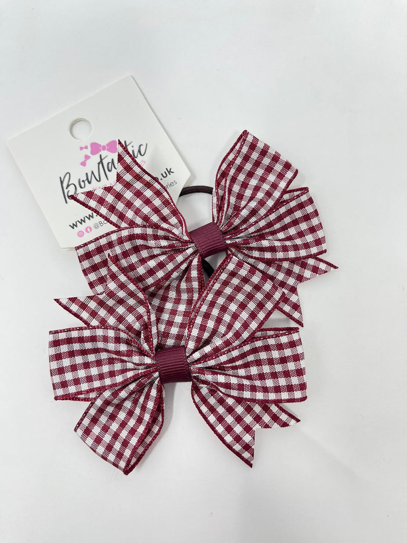 3 Inch Pinwheel Bow Thin Elastic - Burgundy Gingham - 2 Pack