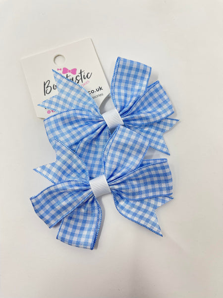 3 Inch Pinwheel Bow Thin Elastic - Light Blue Gingham - 2 Pack