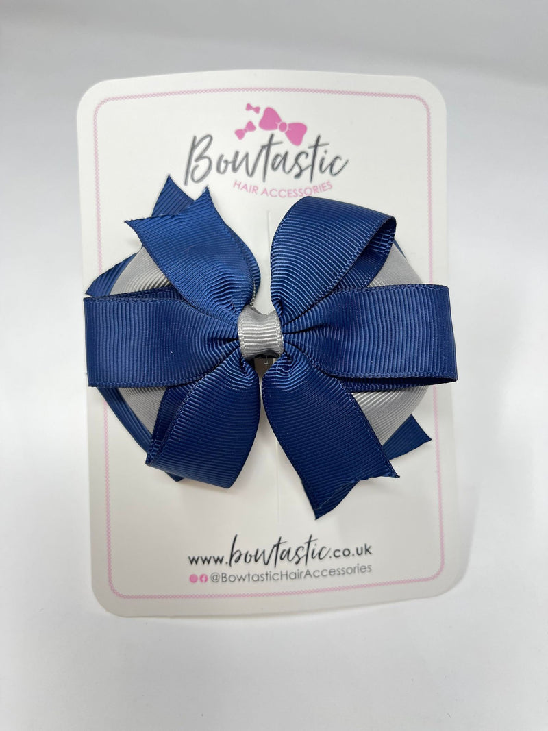 4 Inch 3 Layer Bow - Navy & Metal Grey