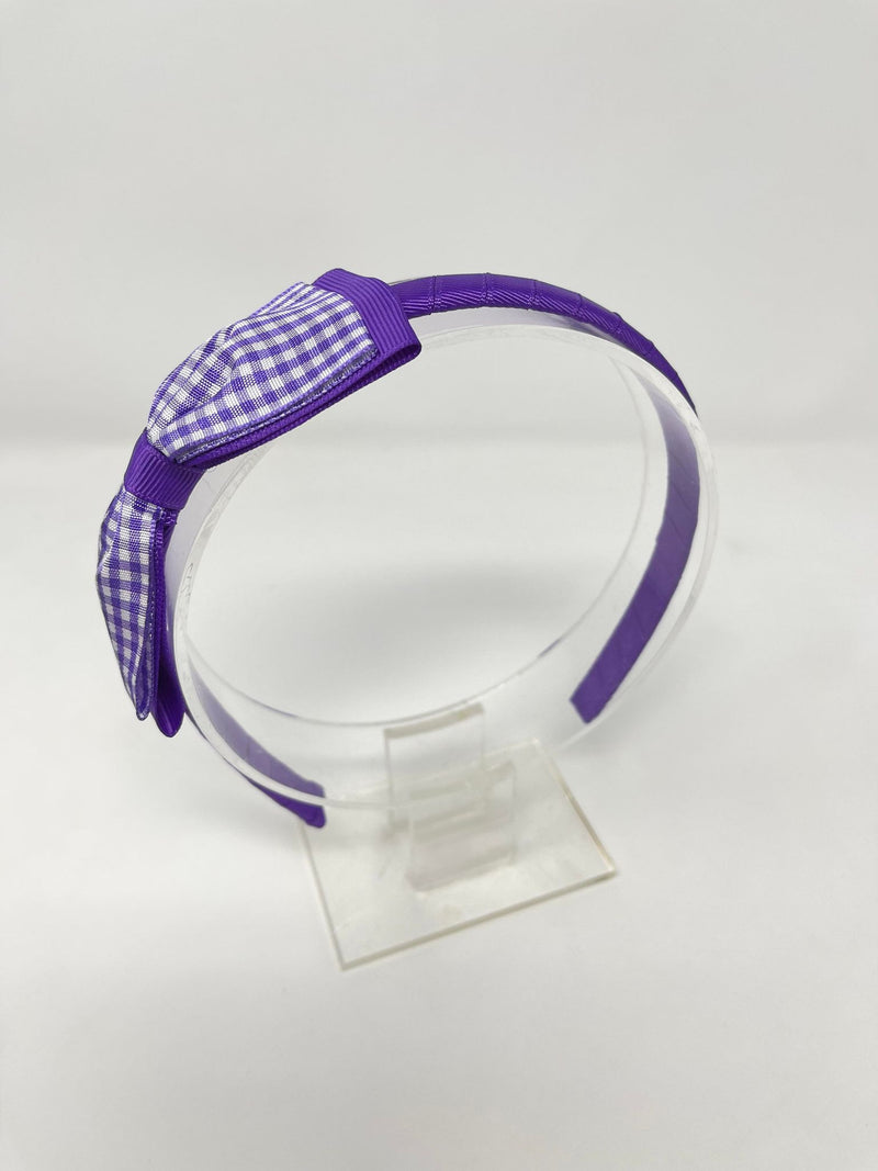 4.5 Inch Flat Bow Alice Band - Purple & Purple Gingham