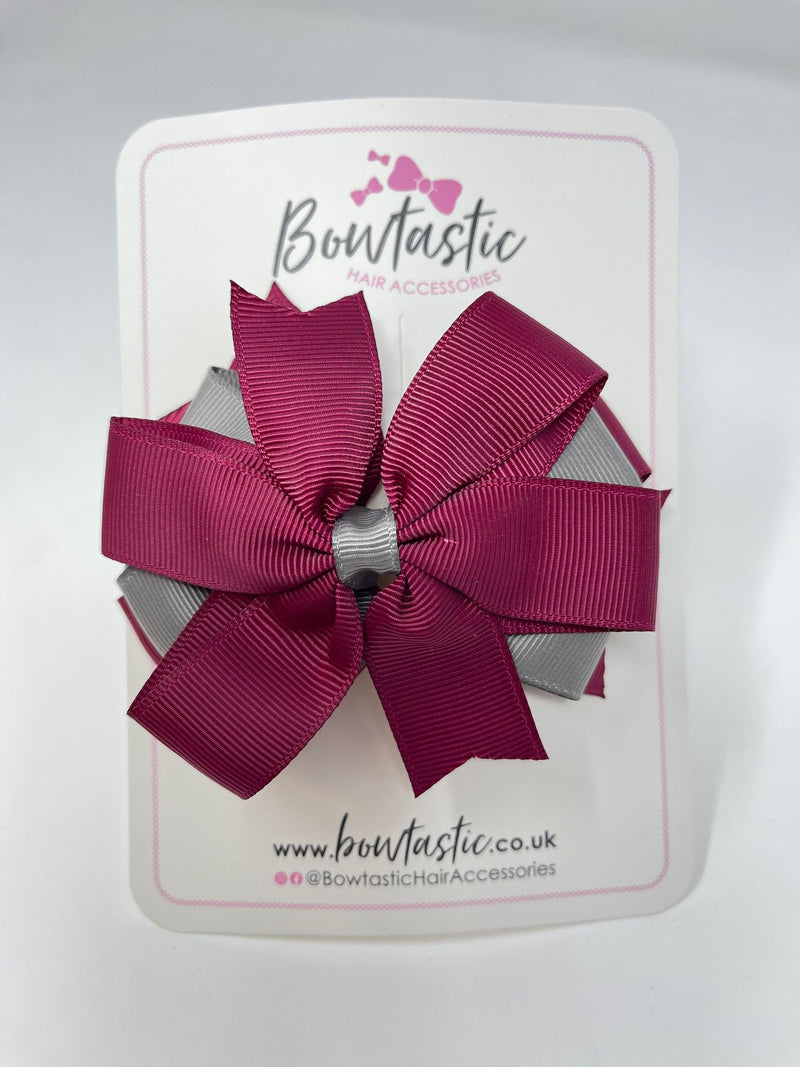 4 Inch 3 Layer Bow - Wine & Metal Grey