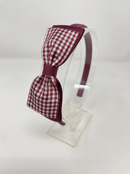 4.5 Inch Flat Bow Alice Band - Burgundy & Burgundy Gingham