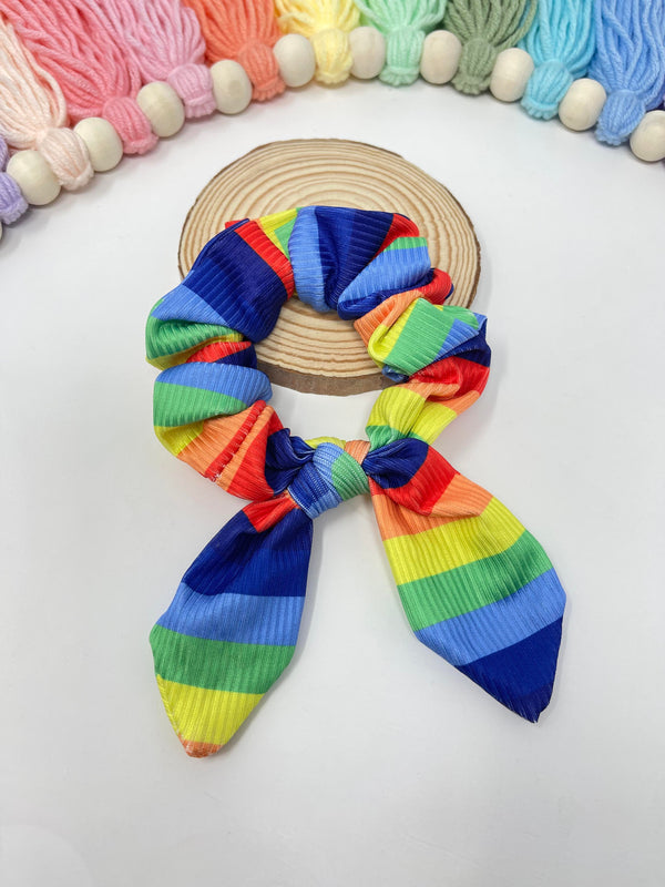 Ribbed Bunny Ear Scrunchie - Rainbow Stripe