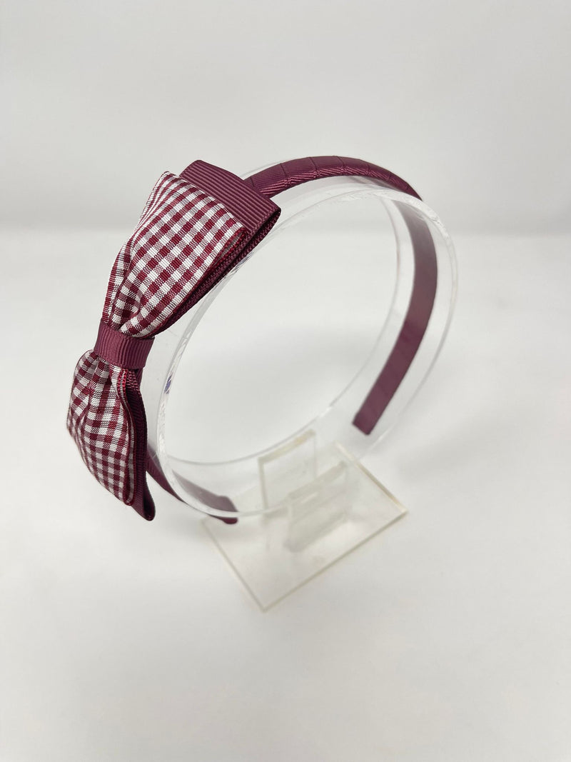 4.5 Inch Flat Bow Alice Band - Burgundy & Burgundy Gingham