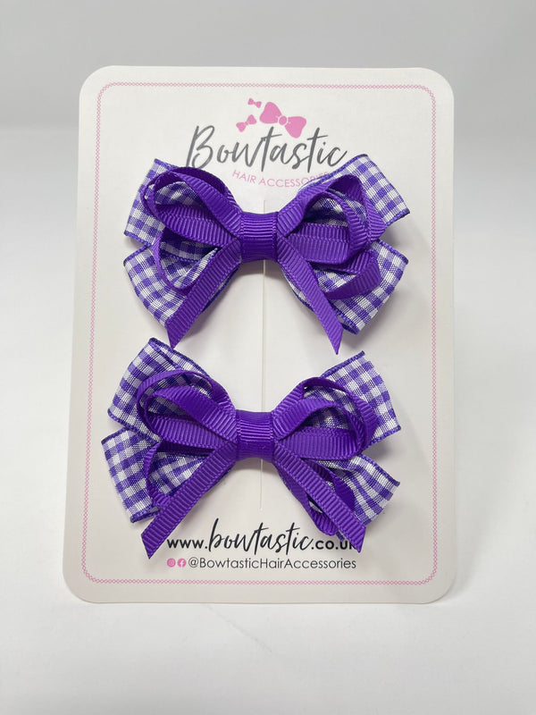 3 Inch Flat Bows - Purple Gingham - 2 Pack