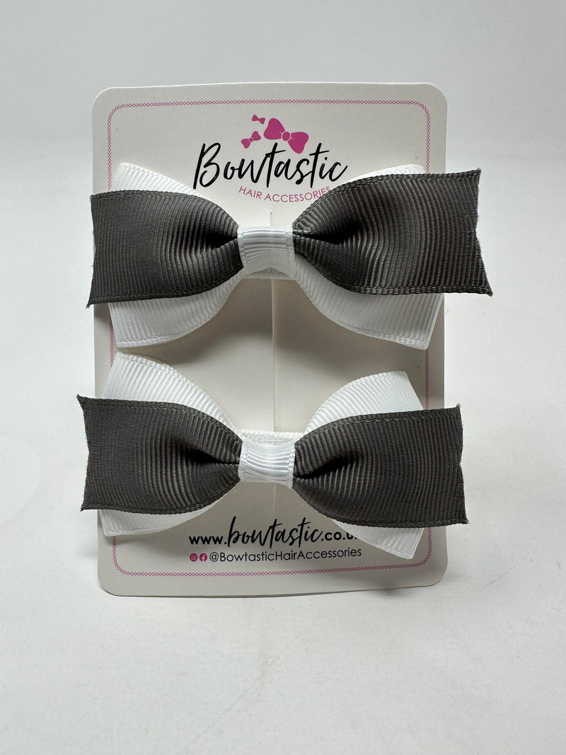 2.75 Inch 2 Layer Tuxedo Bow - Metal Grey & White - 2 Pack