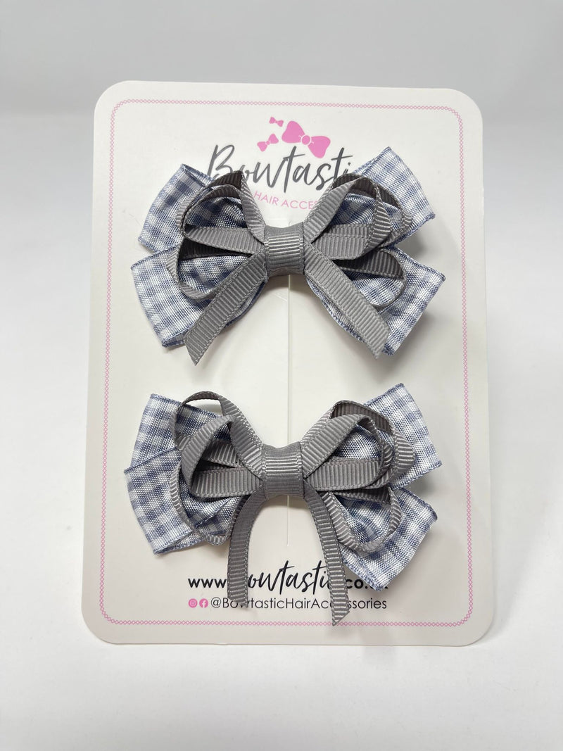 3 Inch Flat Bows - Grey Gingham - 2 Pack