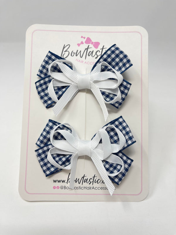 3 Inch Flat Bows - Navy & White Gingham - 2 Pack