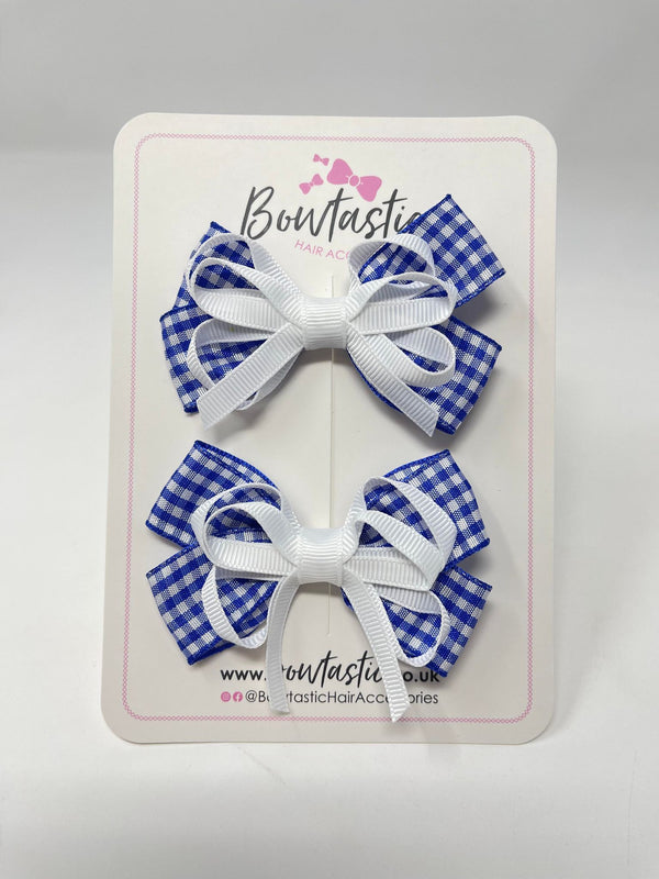 3 Inch Flat Bows - Royal Blue & White Gingham - 2 Pack