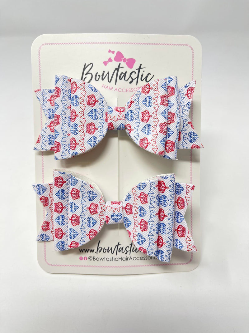 3.75 Inch Faux Leather Bow - Red & Blue Crown - 2 Pack