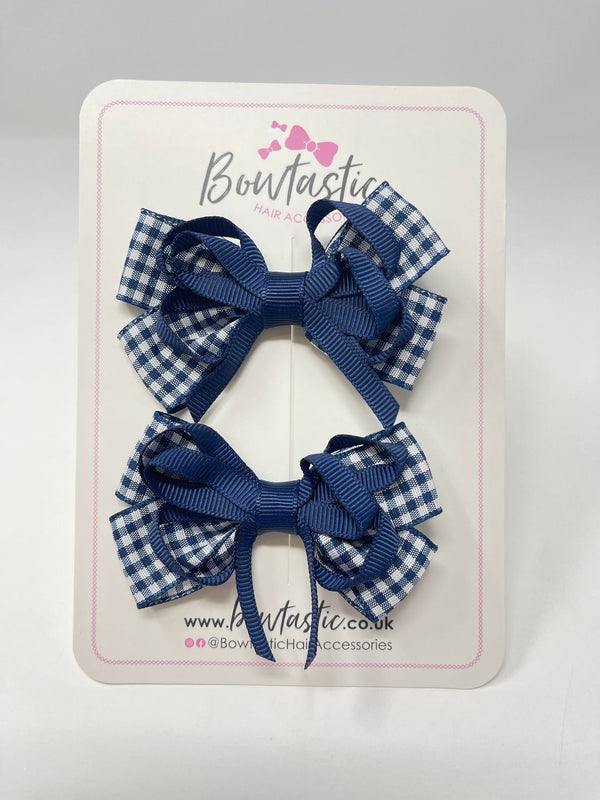 3 Inch Flat Bows - Navy Gingham - 2 Pack