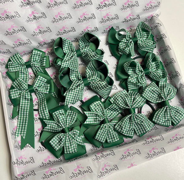 School Bundle - 5 Matching Pairs Bobbles - Green Gingham & Forest Green