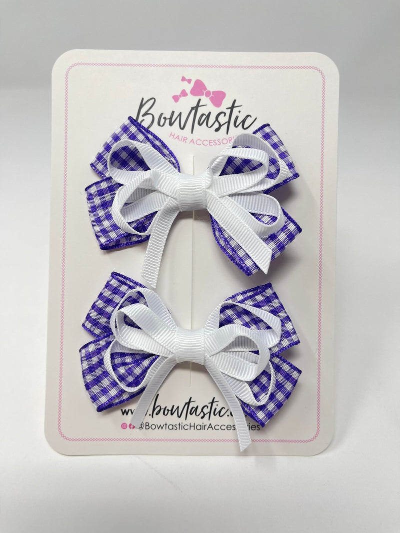 3 Inch Flat Bows - Purple & White Gingham - 2 Pack
