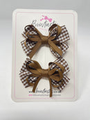 3 Inch Flat Bows - Turftan & Brown Gingham - 2 Pack
