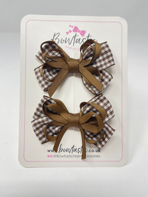 3 Inch Flat Bows - Brown Gingham - 2 Pack