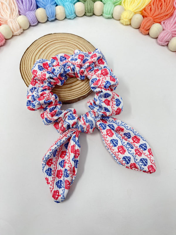 Ribbed Bunny Ear Scrunchie - Red & Blue Crown