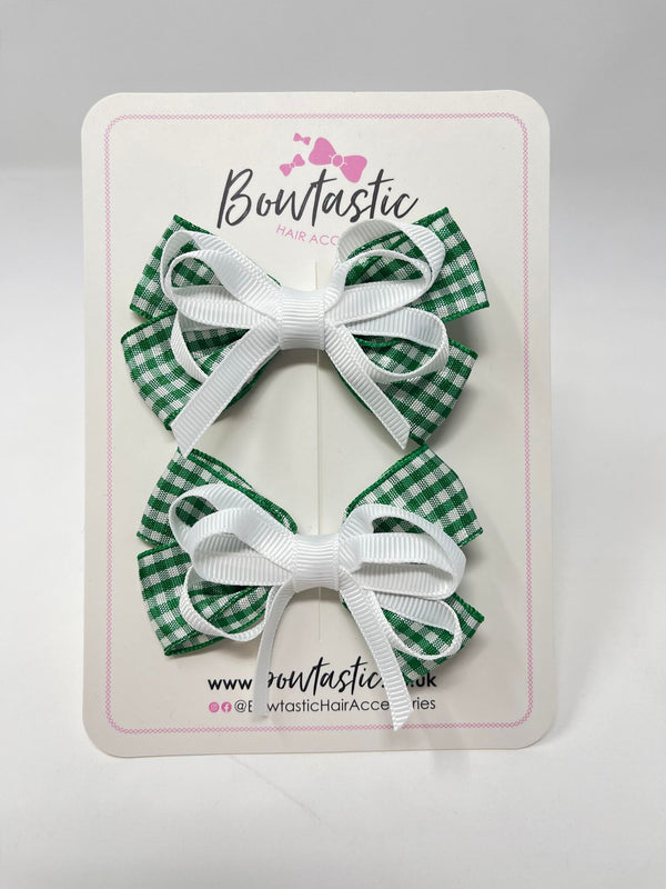 3 Inch Flat Bows - Green & White Gingham - 2 Pack