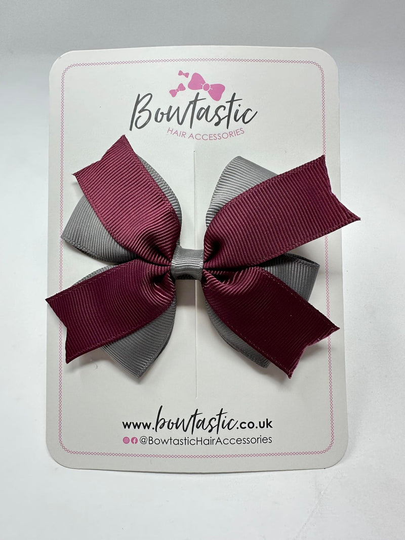 3.5 Inch 2 Layer Bow - Burgundy & Metal Grey