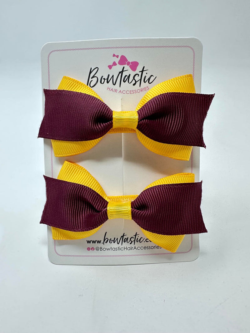 2.75 Inch 2 Layer Tuxedo Bow - Burgundy & Yellow Gold - 2 Pack