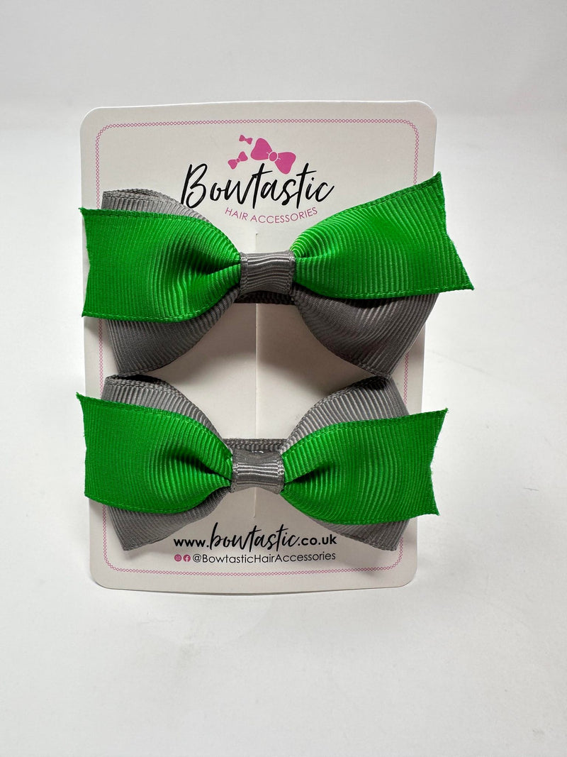 2.75 Inch 2 Layer Tuxedo Bow - Emerald Green & Metal Grey - 2 Pack