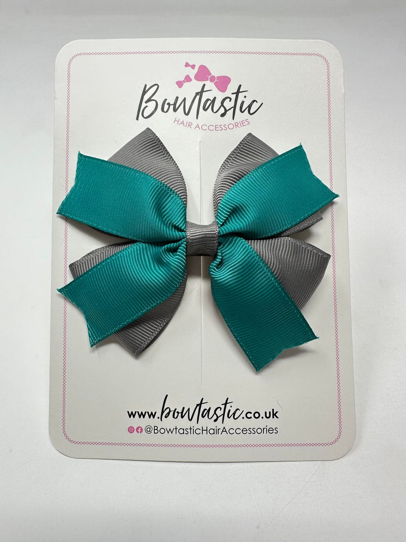 3.5 Inch 2 Layer Bow - Jade Green & Metal Grey