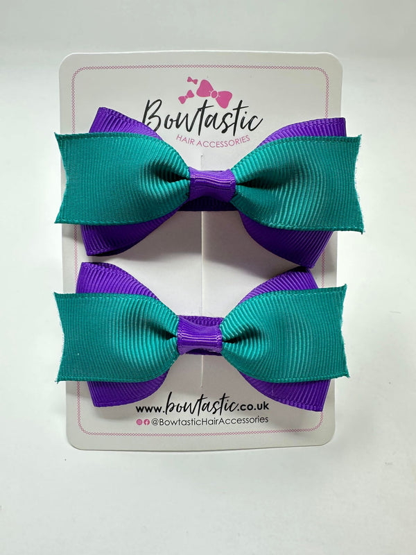 2.75 Inch 2 Layer Tuxedo Bow - Jade Green & Purple - 2 Pack