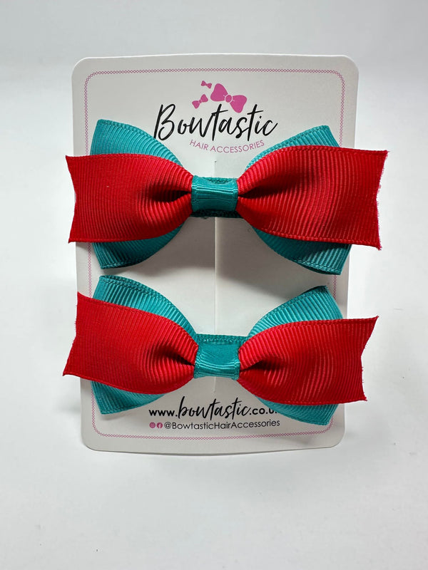 2.75 Inch 2 Layer Tuxedo Bow - Jade Green & Red - 2 Pack