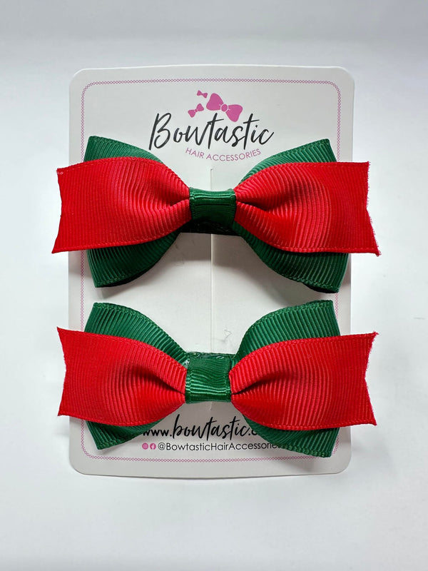 2.75 Inch 2 Layer Tuxedo Bow - Red & Forest Green - 2 Pack