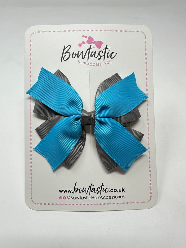 3.5 Inch 2 Layer Bow - Turquoise & Metal Grey