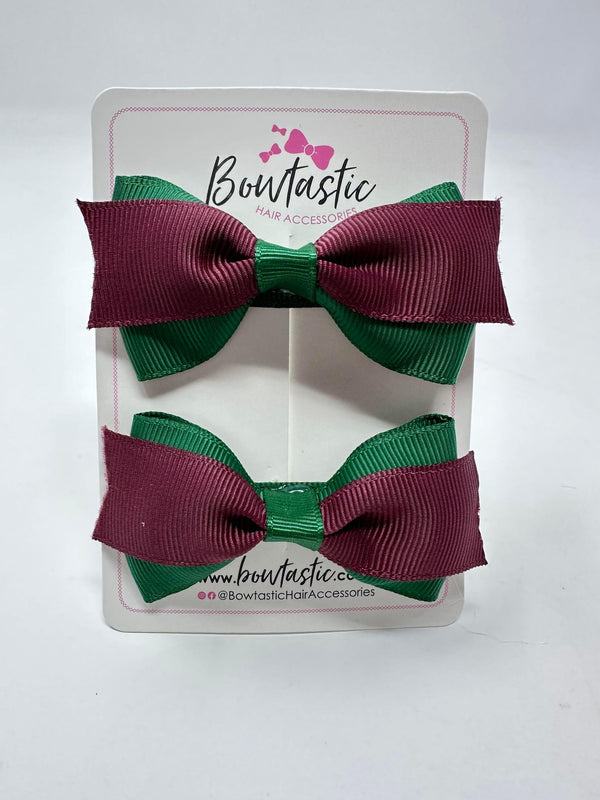 2.75 Inch 2 Layer Tuxedo Bow - Forest Green & Burgundy - 2 Pack