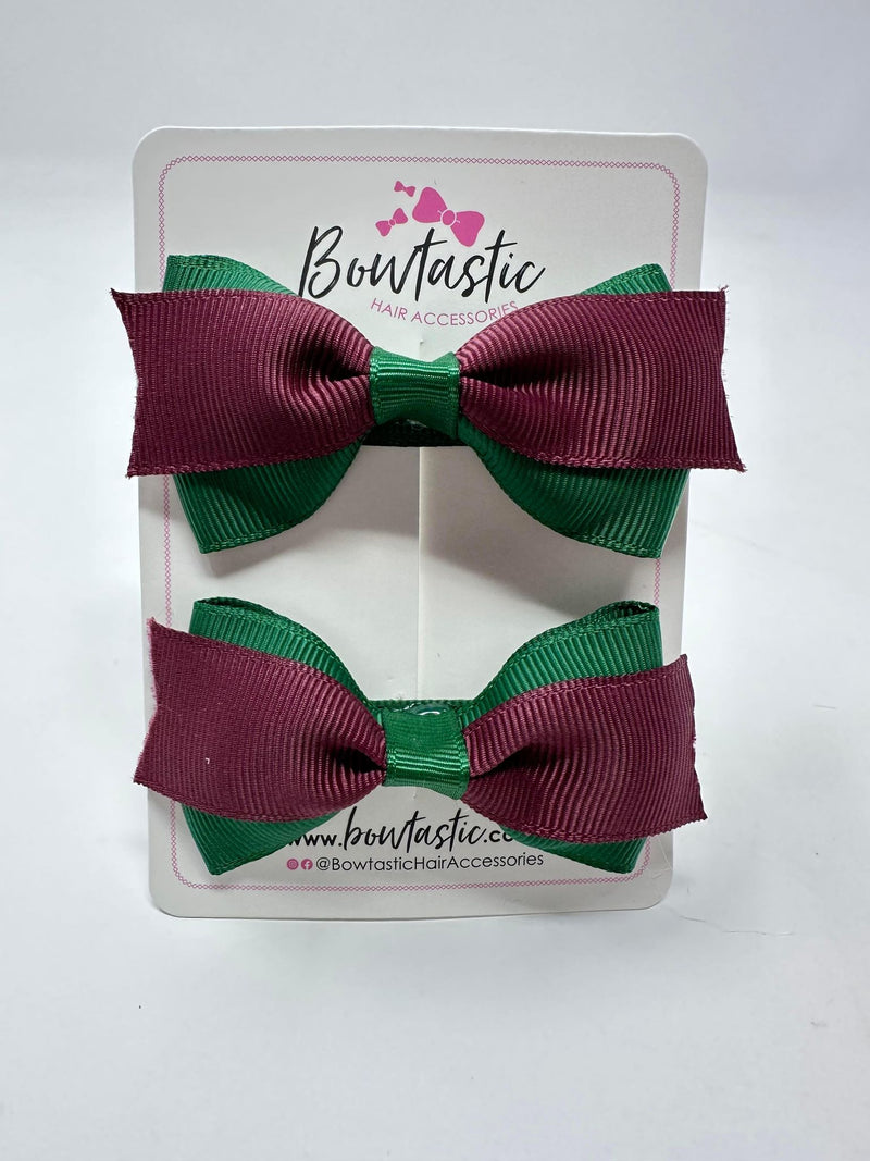 2.75 Inch 2 Layer Tuxedo Bow - Forest Green & Burgundy - 2 Pack