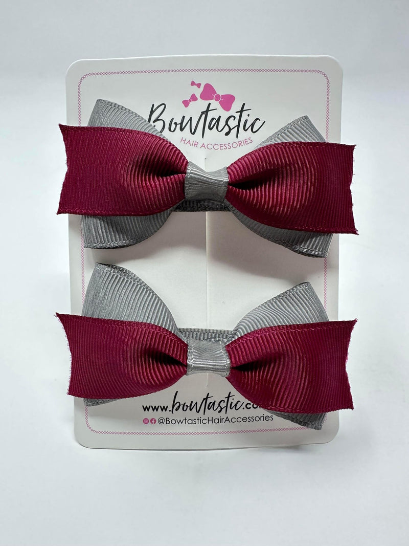 2.75 Inch 2 Layer Tuxedo Bow - Wine & Metal Grey - 2 Pack